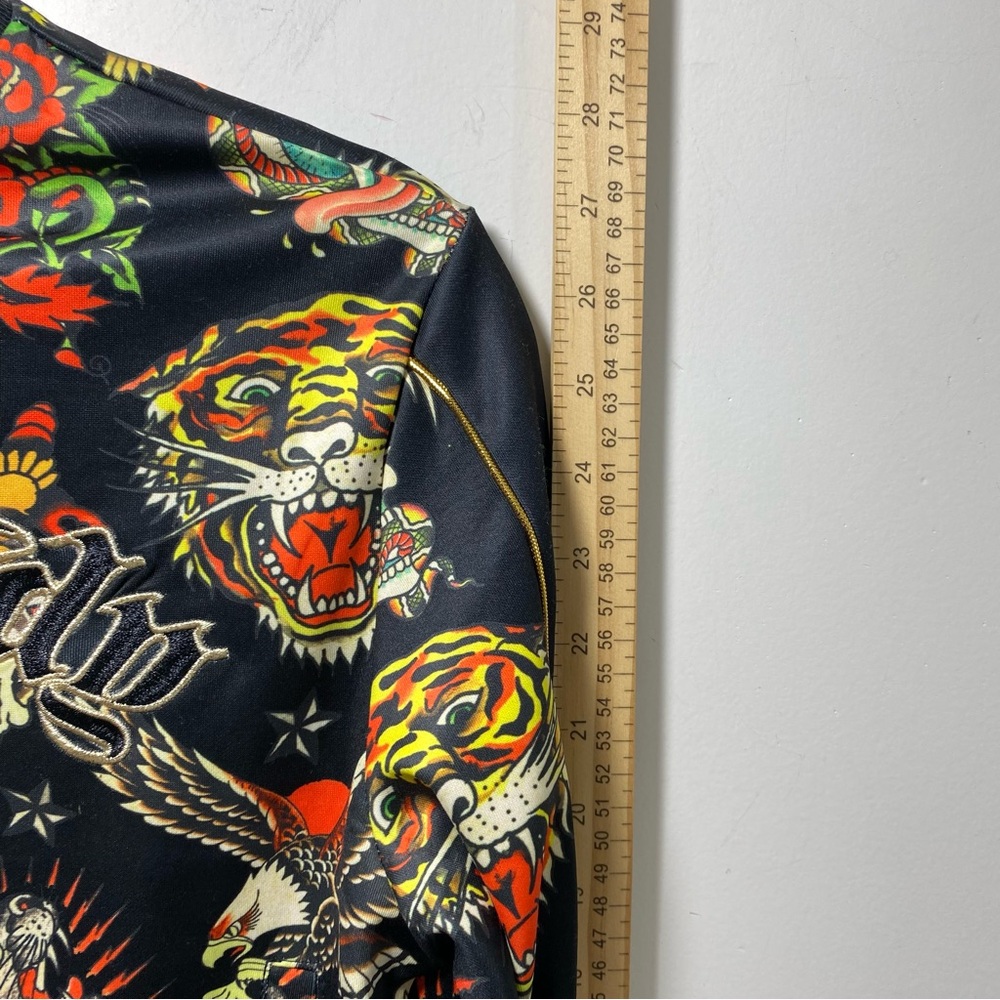 ED HARDY Y2K Shrunken Flashboard Track Jacket‎ M Black  Multi All Over Tattoo - Picture 7 of 11
